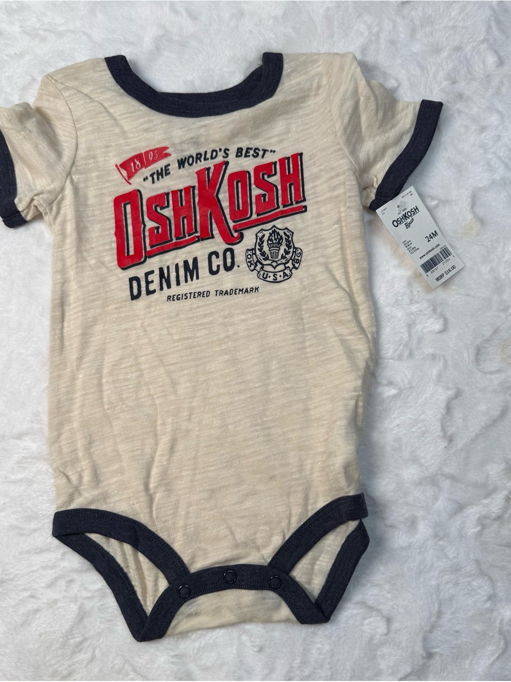 OshKosh B'gosh Cream One-Piece Bodysuit with Navy Trim and Red Logo 24M